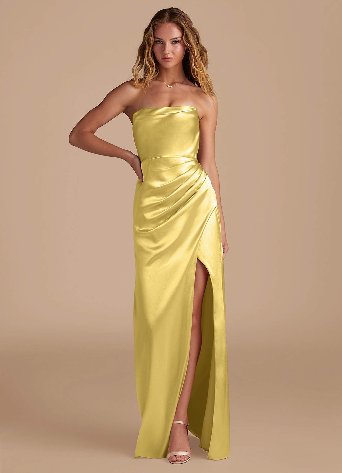 Leonis Mermaid Cowl-Neck Metallic Satin Bridesmaid Dress in Canary