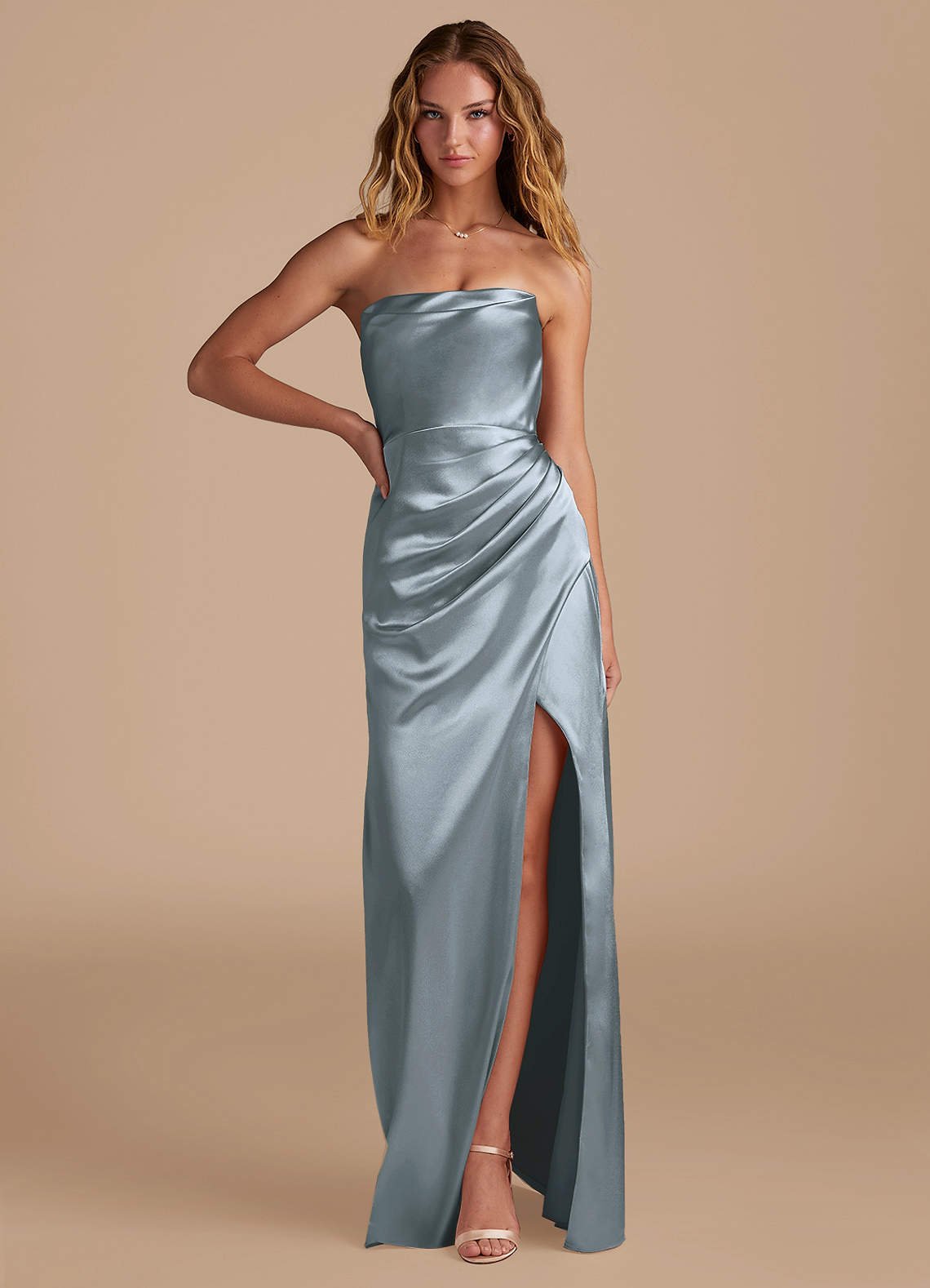 Leonis Mermaid Cowl-Neck Metallic Satin Bridesmaid Dress in dusty blue
