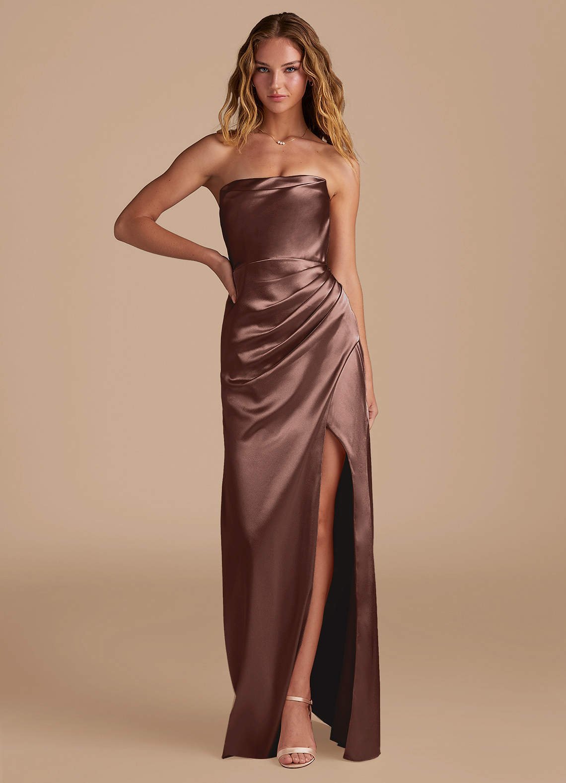 Leonis Mermaid Cowl-Neck Metallic Satin Bridesmaid Dress in Espresso