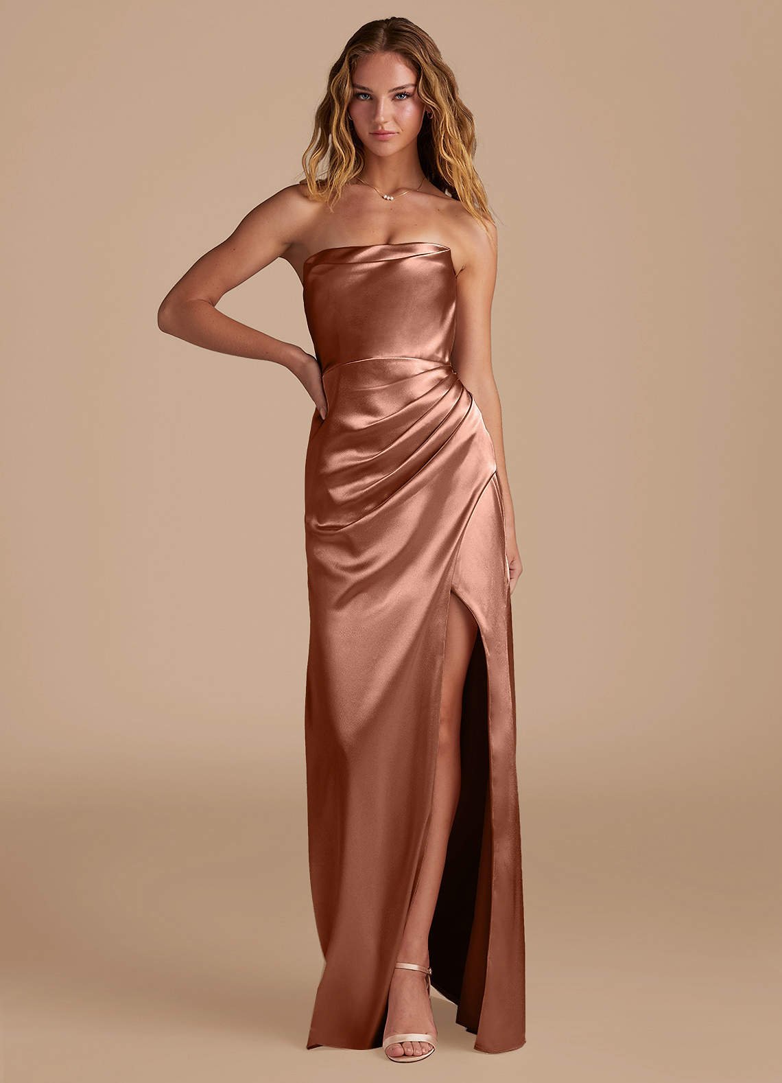Leonis Mermaid Cowl-Neck Metallic Satin Bridesmaid Dress in Bronzer
