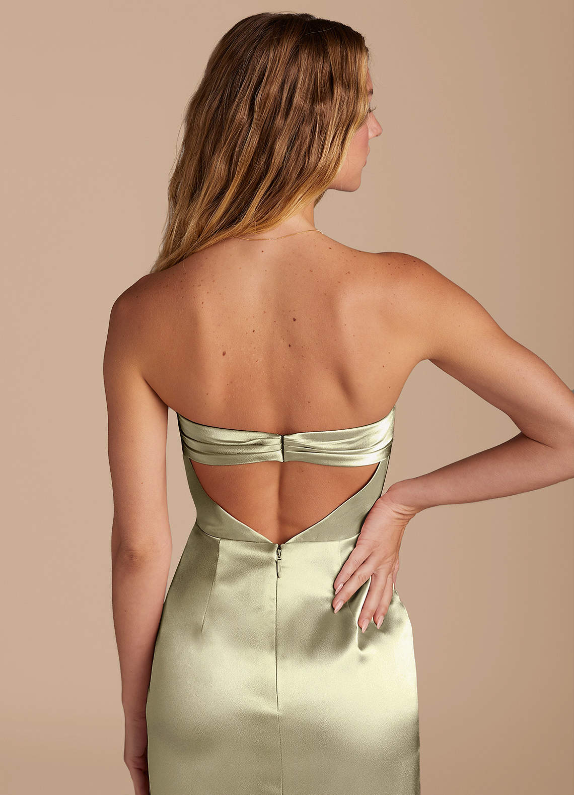 Leonis Mermaid Cowl-Neck Metallic Satin Bridesmaid Dress in Moss Green