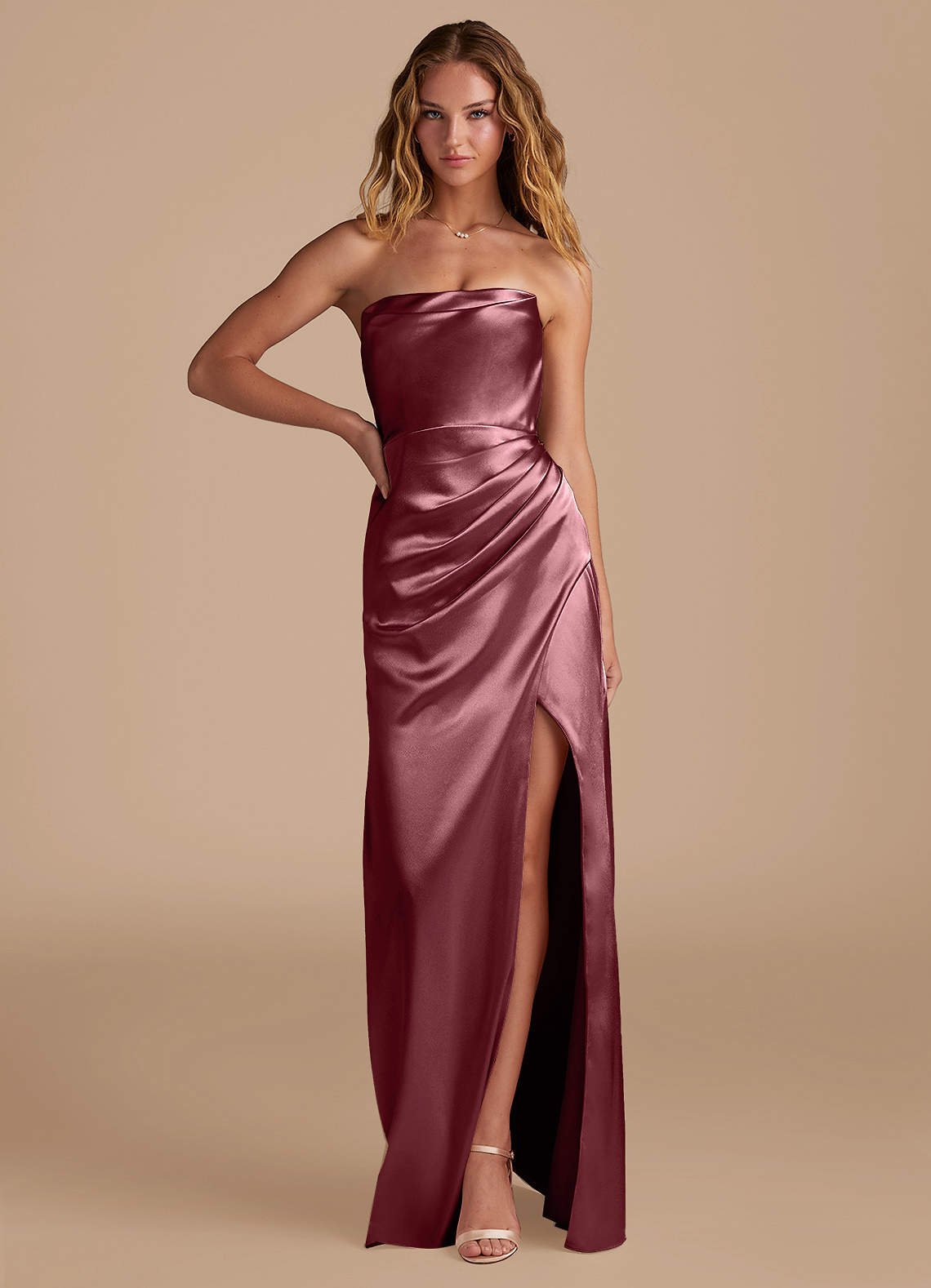 Leonis Mermaid Cowl-Neck Metallic Satin Bridesmaid Dress in Plum