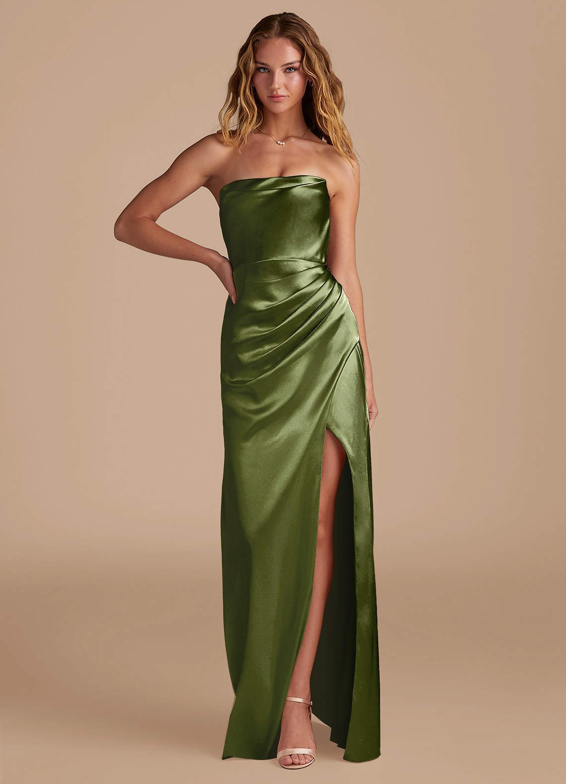 Leonis Mermaid Cowl-Neck Metallic Satin Bridesmaid Dress in Olive