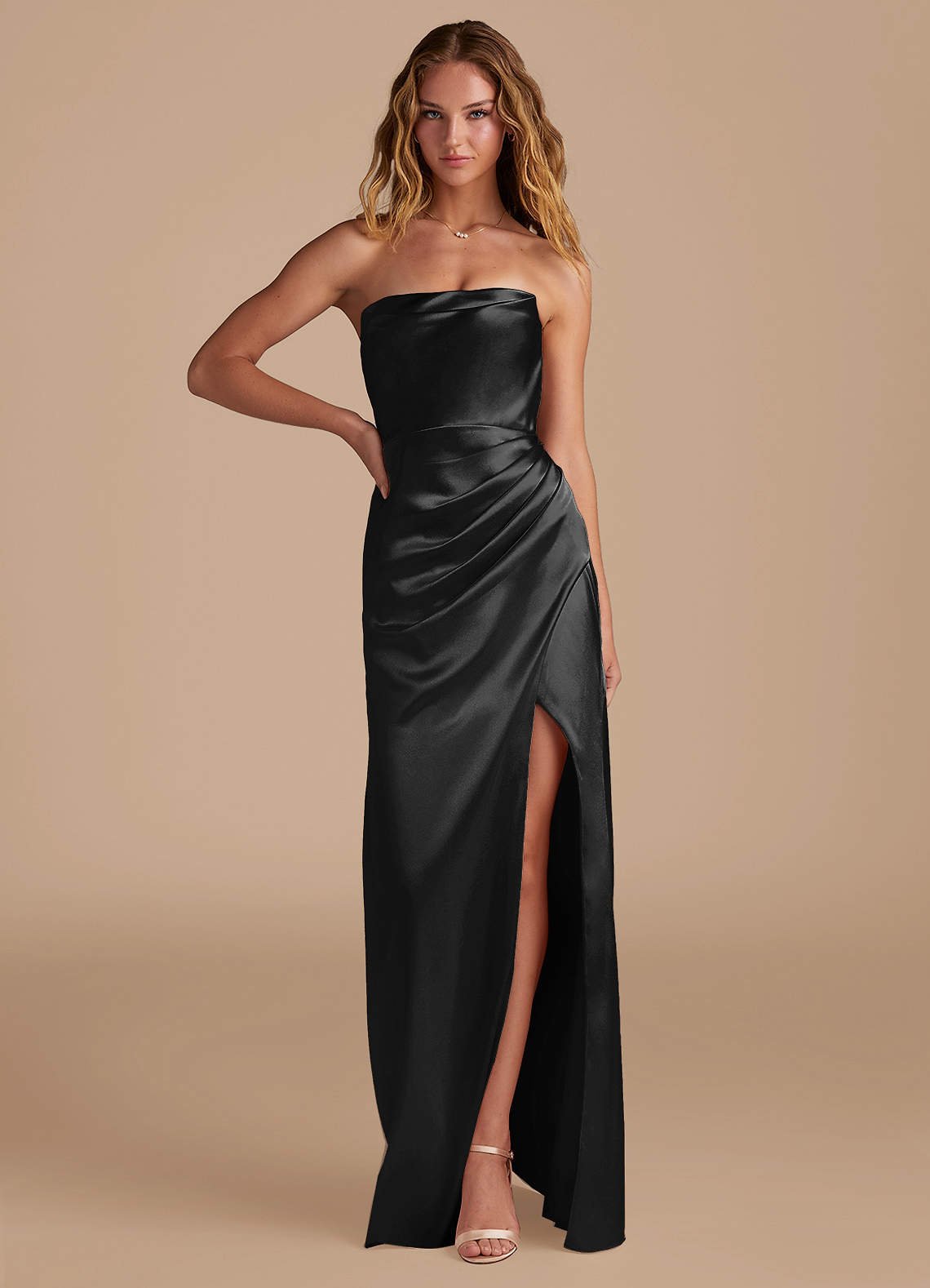 Leonis Mermaid Cowl-Neck Metallic Satin Bridesmaid Dress in black