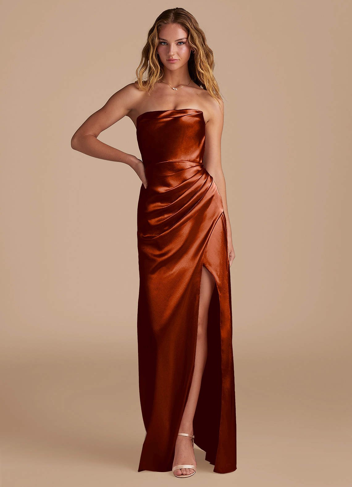 Leonis Mermaid Cowl-Neck Metallic Satin Bridesmaid Dress in Auburn