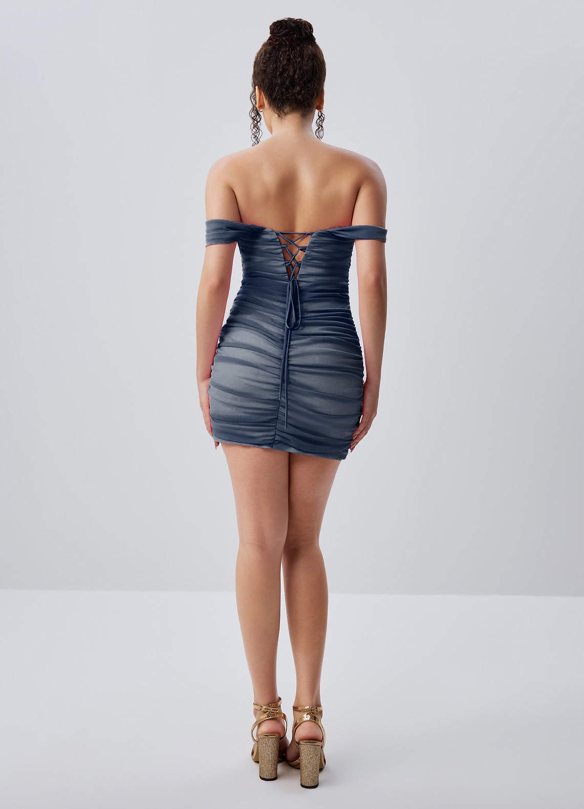 Menaphilo Bodycon Mini Off-the-Shoulder Stretch Mesh Prom Dress in Navy