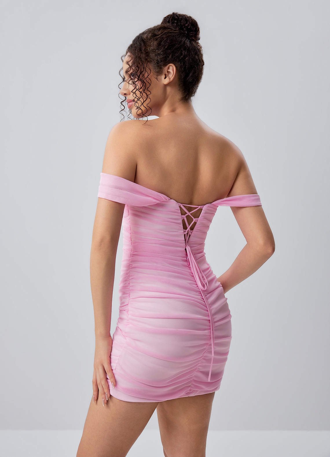 Menaphilo Bodycon Mini Off-the-Shoulder Stretch Mesh Prom Dress in Pink