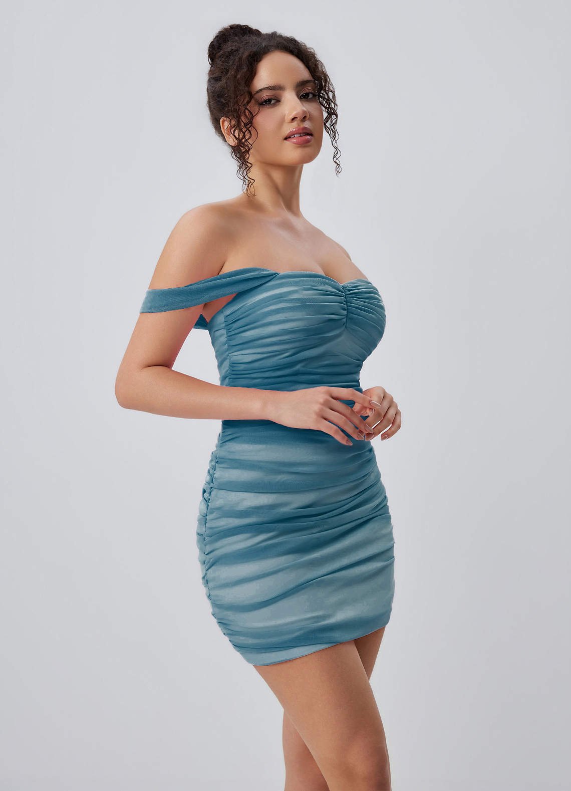 Menaphilo Bodycon Mini Off-the-Shoulder Stretch Mesh Prom Dress in Midnight Blue