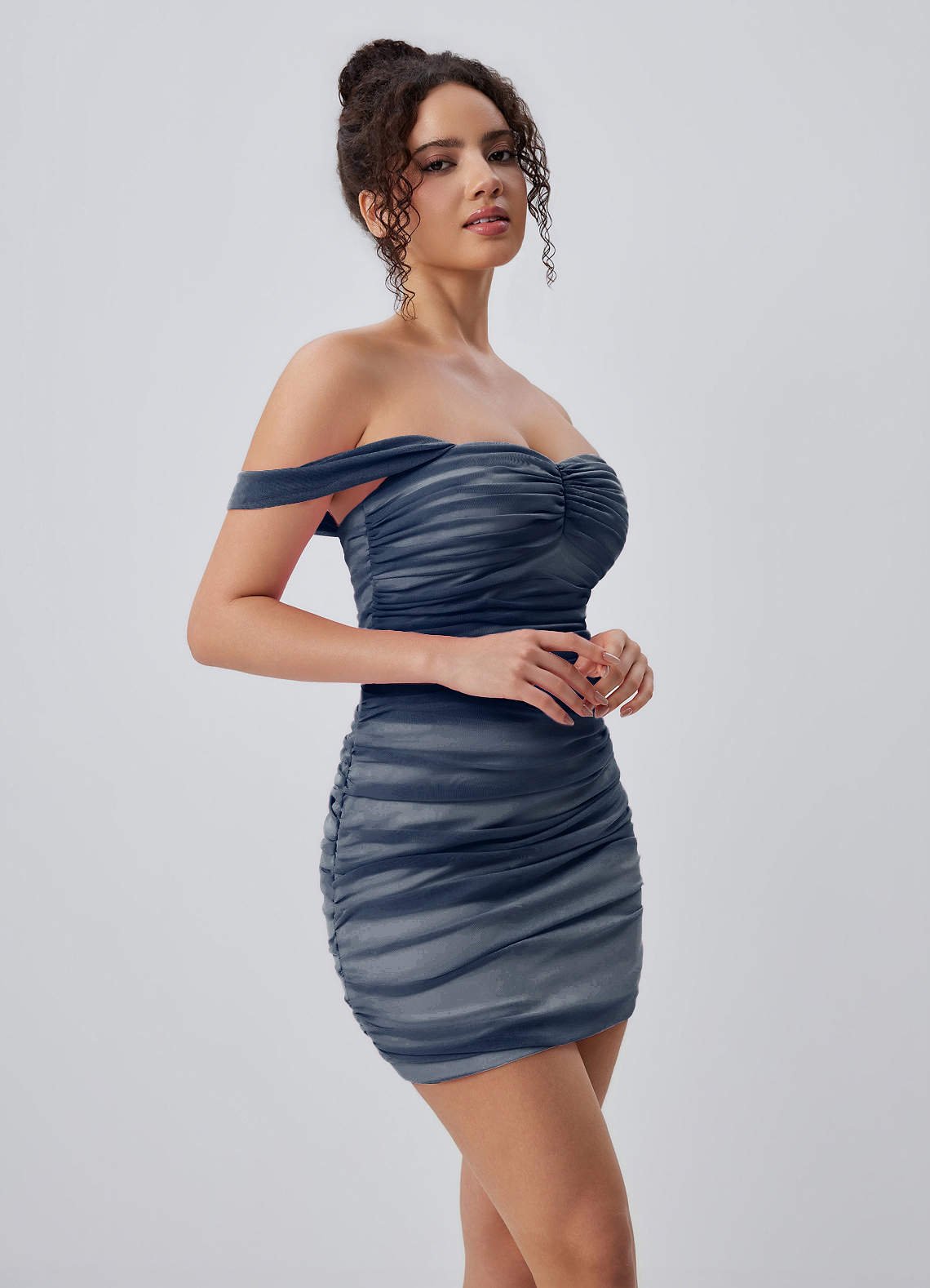 Menaphilo Bodycon Mini Off-the-Shoulder Stretch Mesh Prom Dress in Navy