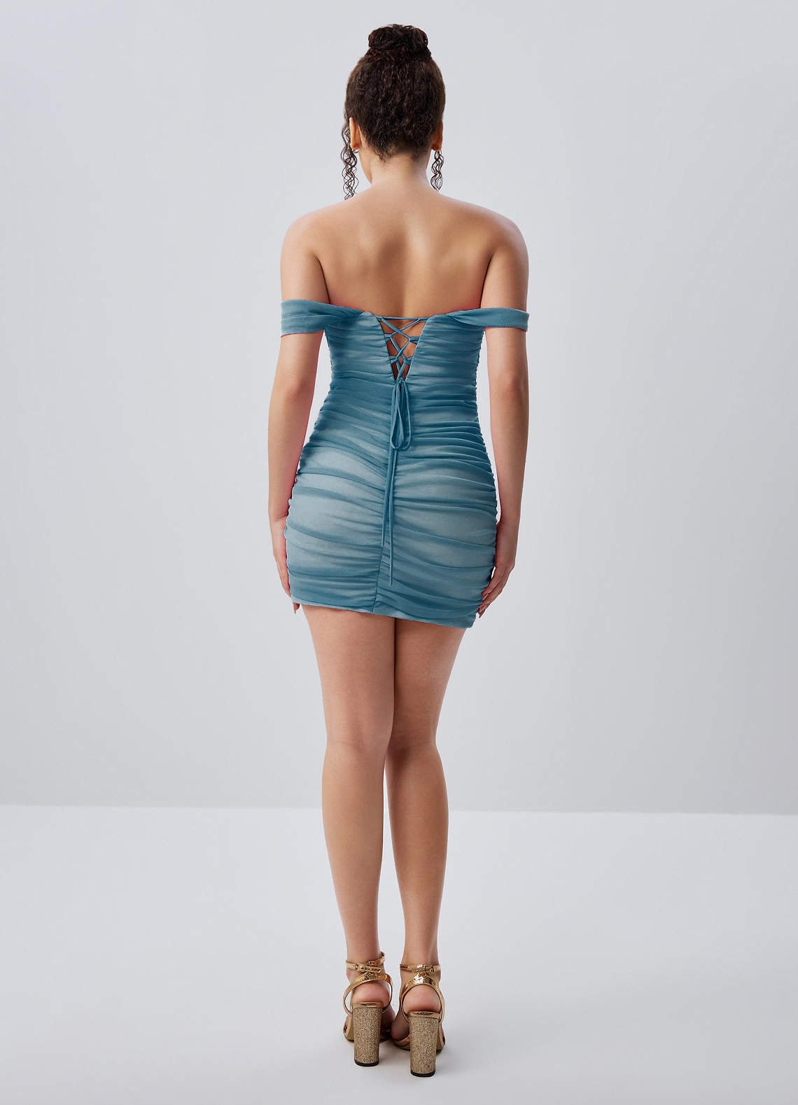 Menaphilo Bodycon Mini Off-the-Shoulder Stretch Mesh Prom Dress in Midnight Blue