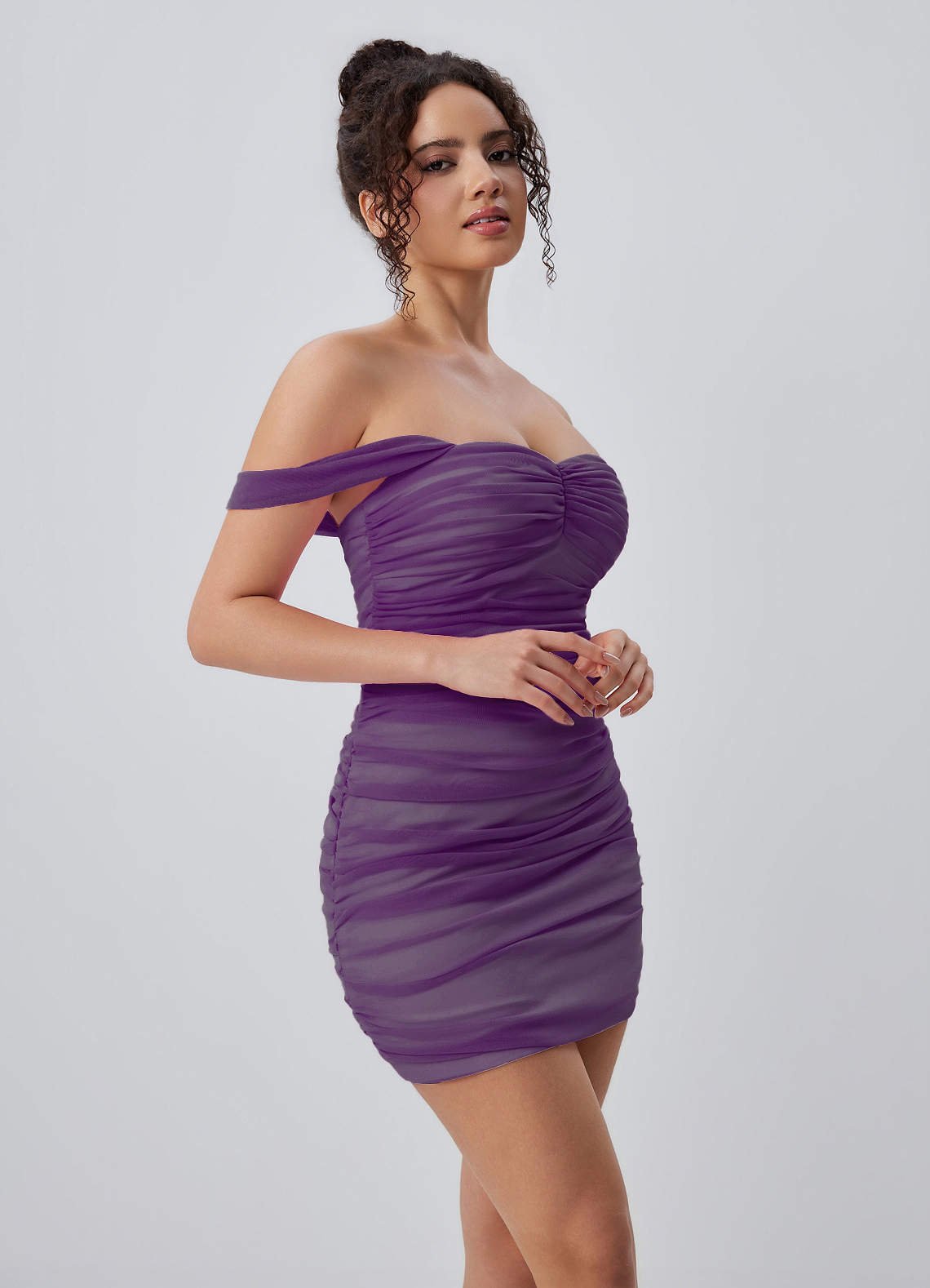 Menaphilo Bodycon Mini Off-the-Shoulder Stretch Mesh Prom Dress in Dark Purple
