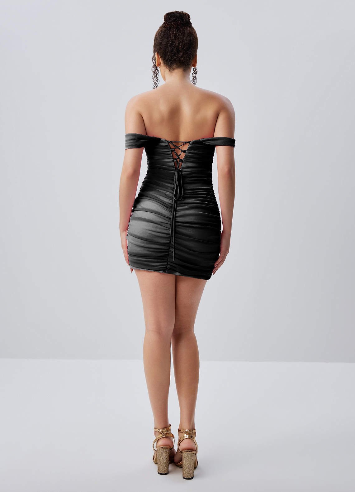 Menaphilo Bodycon Mini Off-the-Shoulder Stretch Mesh Prom Dress in Black