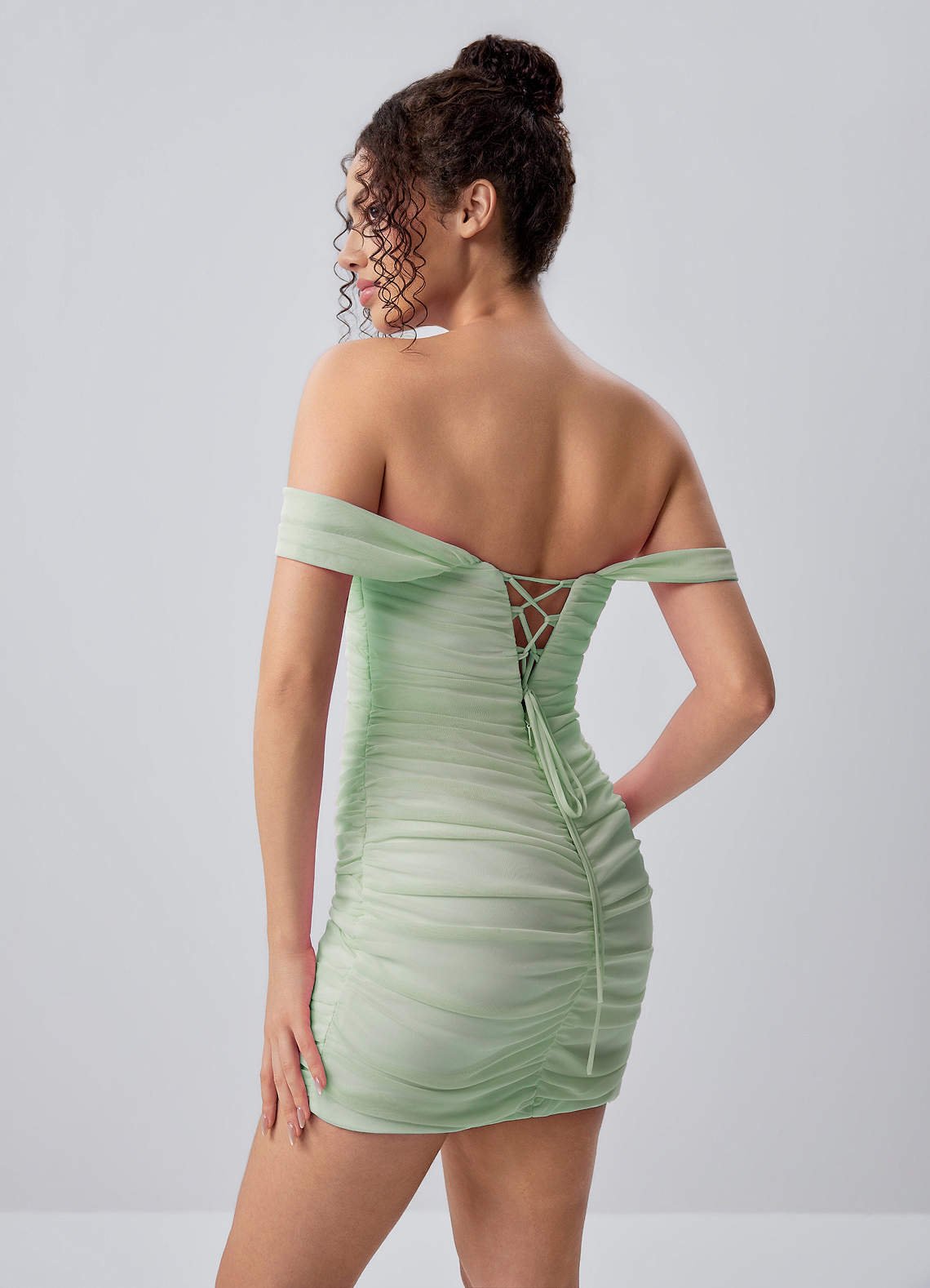 Menaphilo Bodycon Mini Off-the-Shoulder Stretch Mesh Prom Dress in Dusty Green