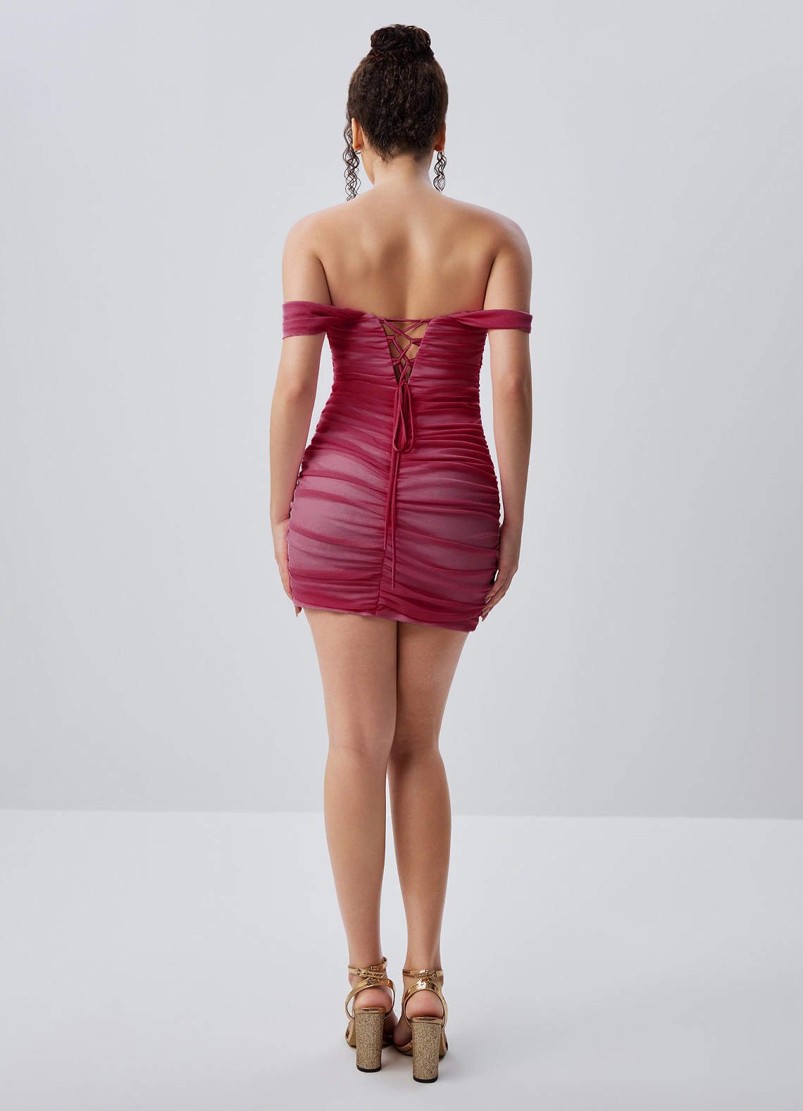 Menaphilo Bodycon Mini Off-the-Shoulder Stretch Mesh Prom Dress in Burgundy