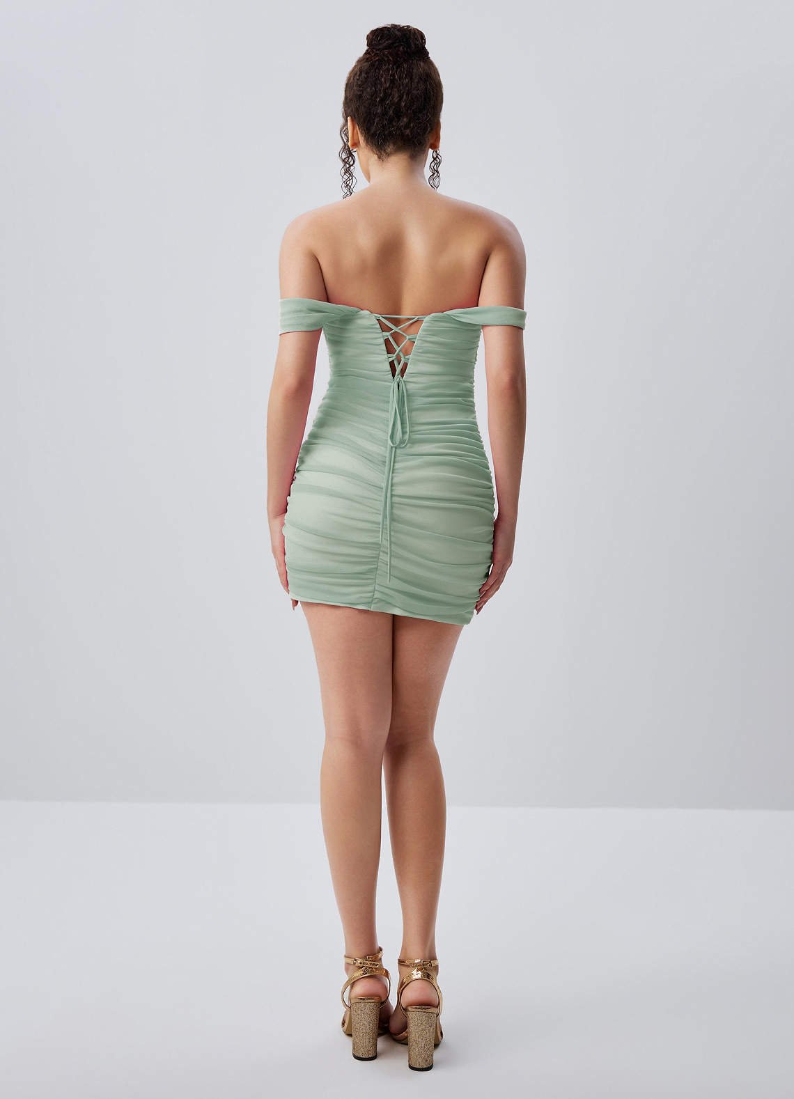 Menaphilo Bodycon Mini Off-the-Shoulder Stretch Mesh Prom Dress in Sage