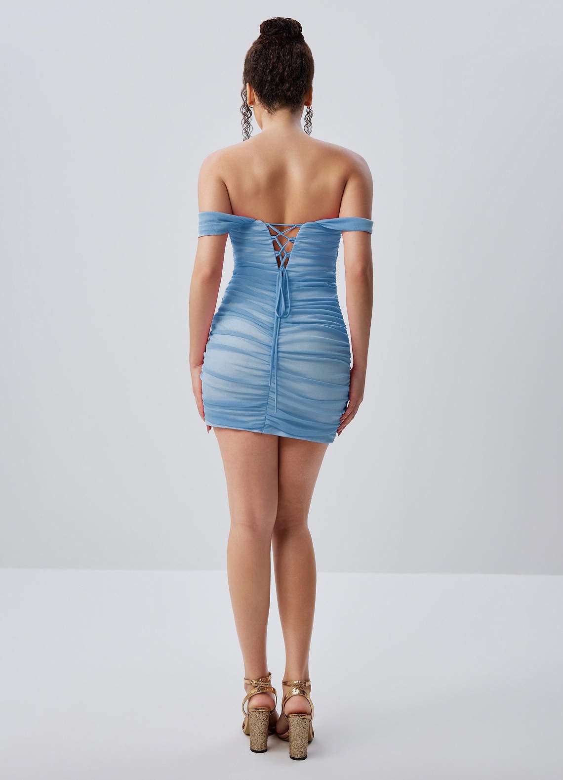 Menaphilo Bodycon Mini Off-the-Shoulder Stretch Mesh Prom Dress in Steel Blue
