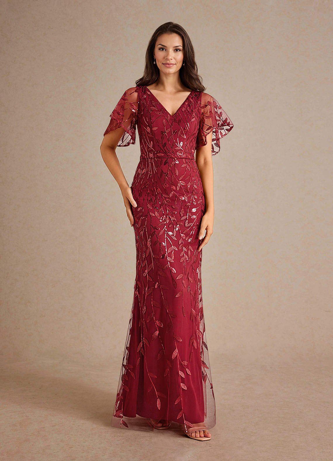 Milan Sheath V-Neck Tulle and Sequins Mother of the Bride Dress in Cabernet