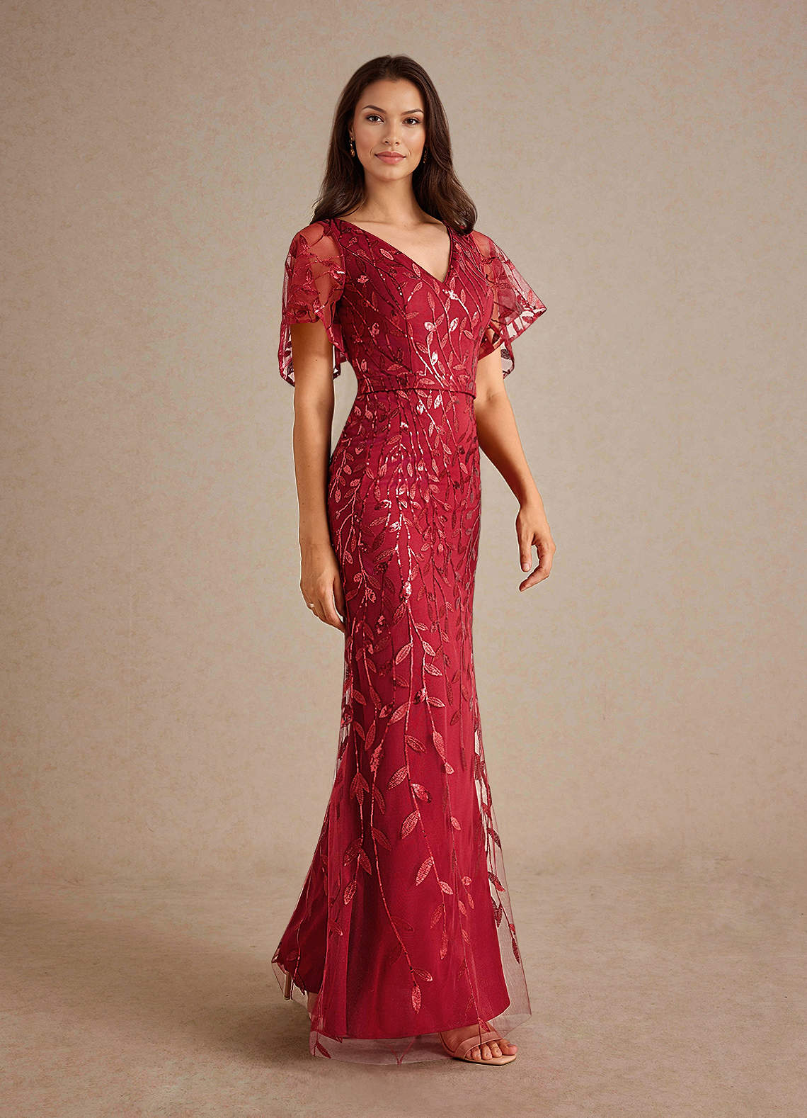 Milan Sheath V-Neck Tulle and Sequins Mother of the Bride Dress in Burgundy