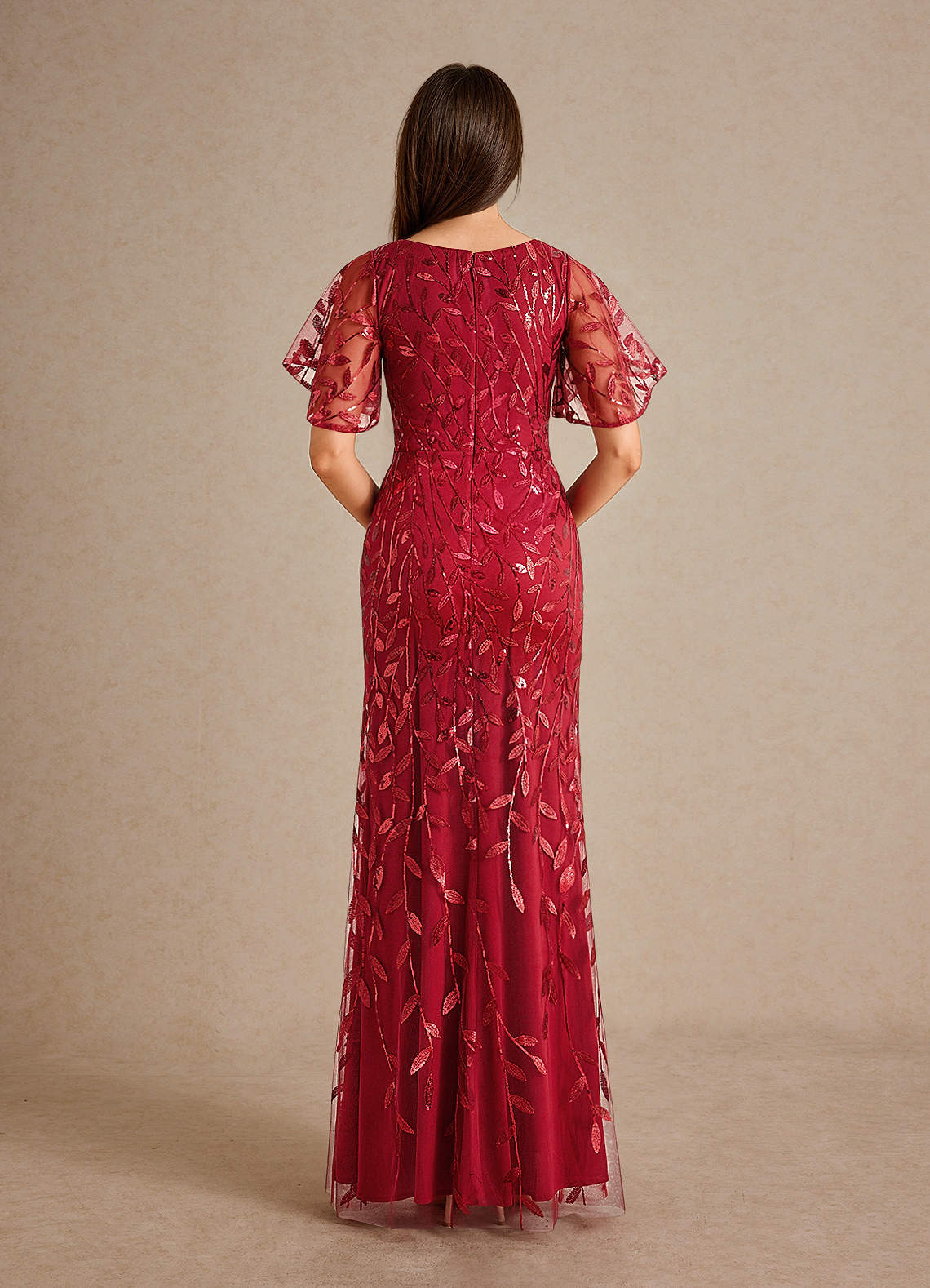 Milan Sheath V-Neck Tulle and Sequins Mother of the Bride Dress in Burgundy