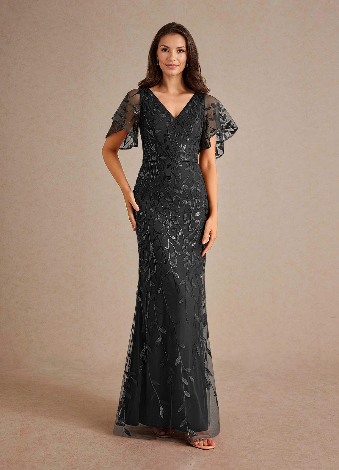 Milan Sheath V-Neck Tulle and Sequins Mother of the Bride Dress in black