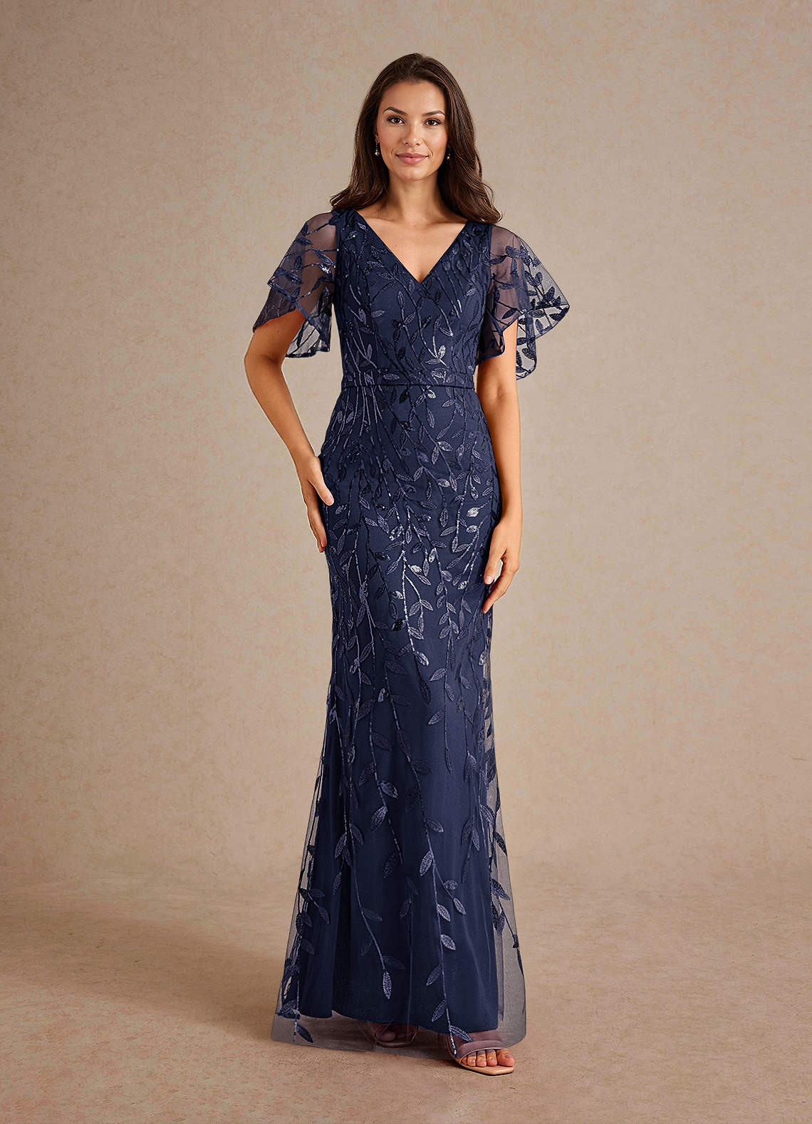 Milan Sheath V-Neck Tulle and Sequins Mother of the Bride Dress in Dark Navy