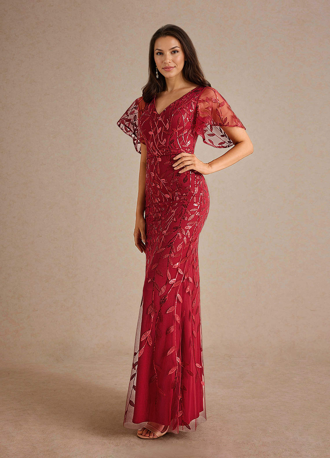 Milan Sheath V-Neck Tulle and Sequins Mother of the Bride Dress in Burgundy