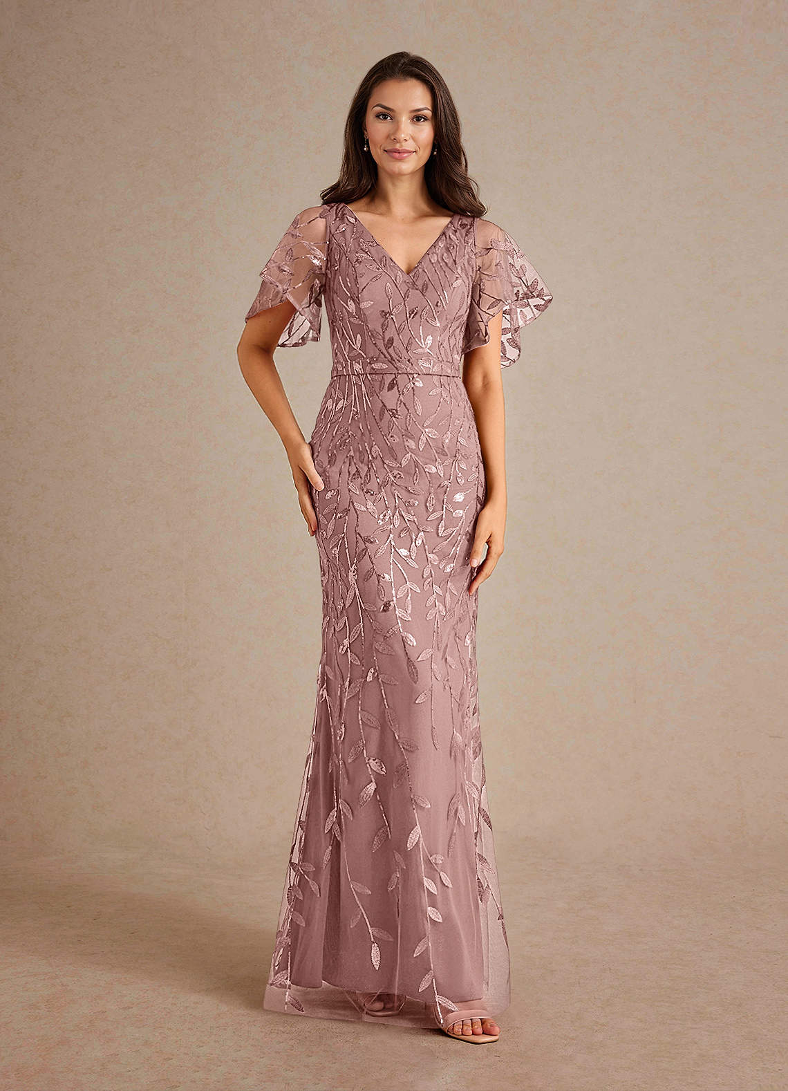 Milan Sheath V-Neck Tulle and Sequins Mother of the Bride Dress in Dusty Rose