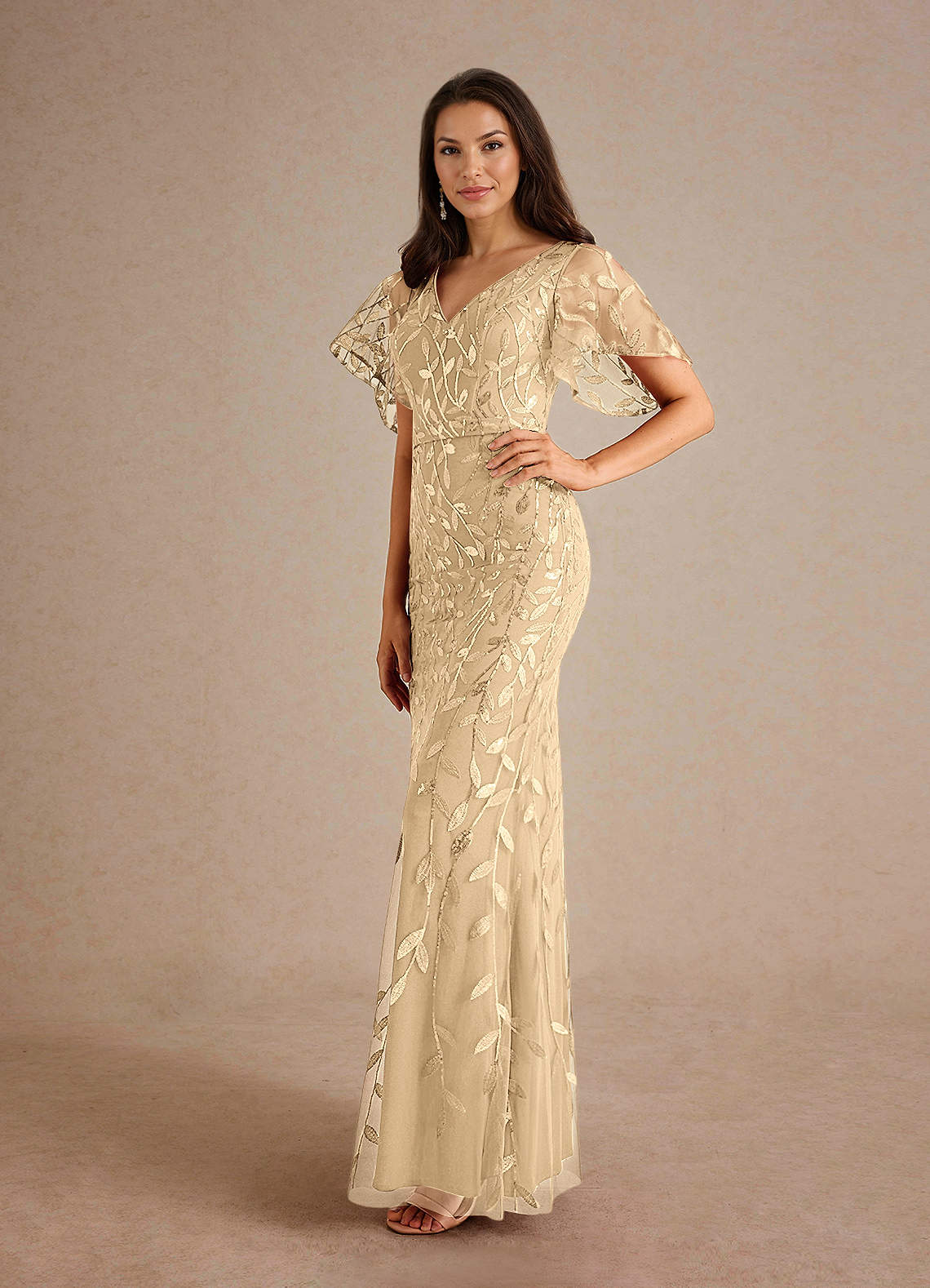 Milan Sheath V-Neck Tulle and Sequins Mother of the Bride Dress in champagne
