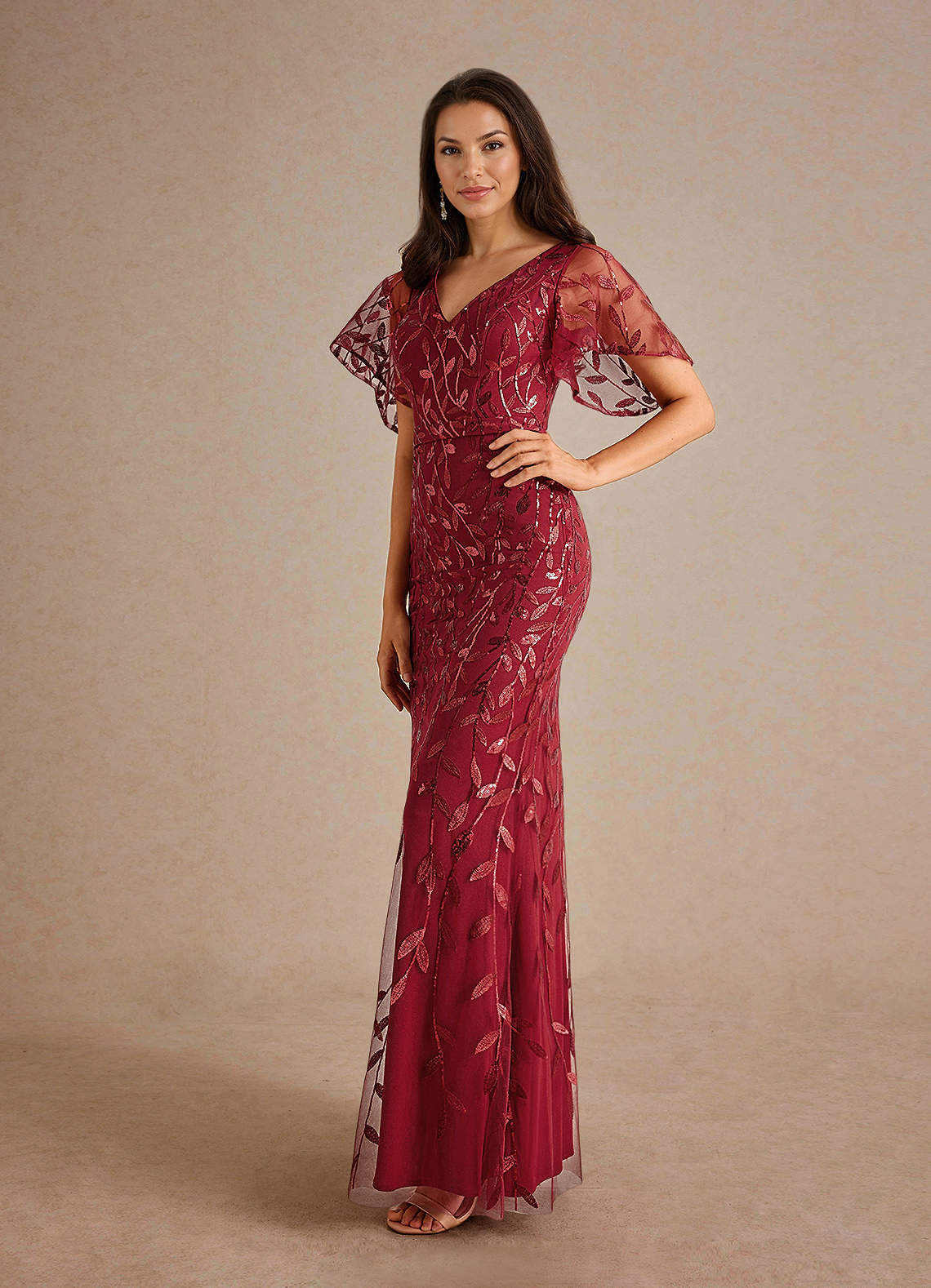 Milan Sheath V-Neck Tulle and Sequins Mother of the Bride Dress in Cabernet