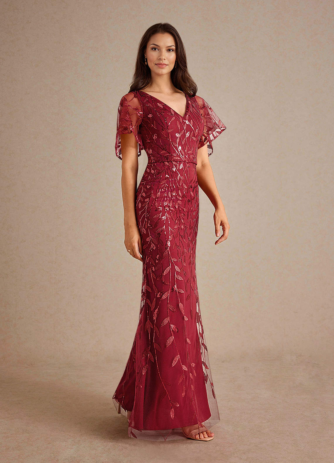 Milan Sheath V-Neck Tulle and Sequins Mother of the Bride Dress in Cabernet
