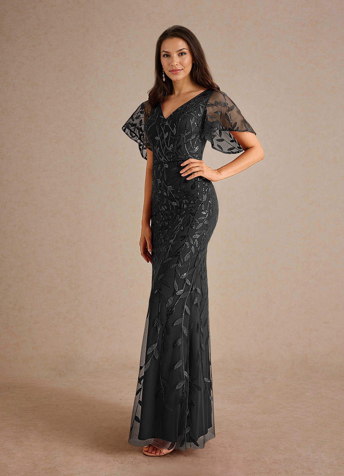 Milan Sheath V-Neck Tulle and Sequins Mother of the Bride Dress in black