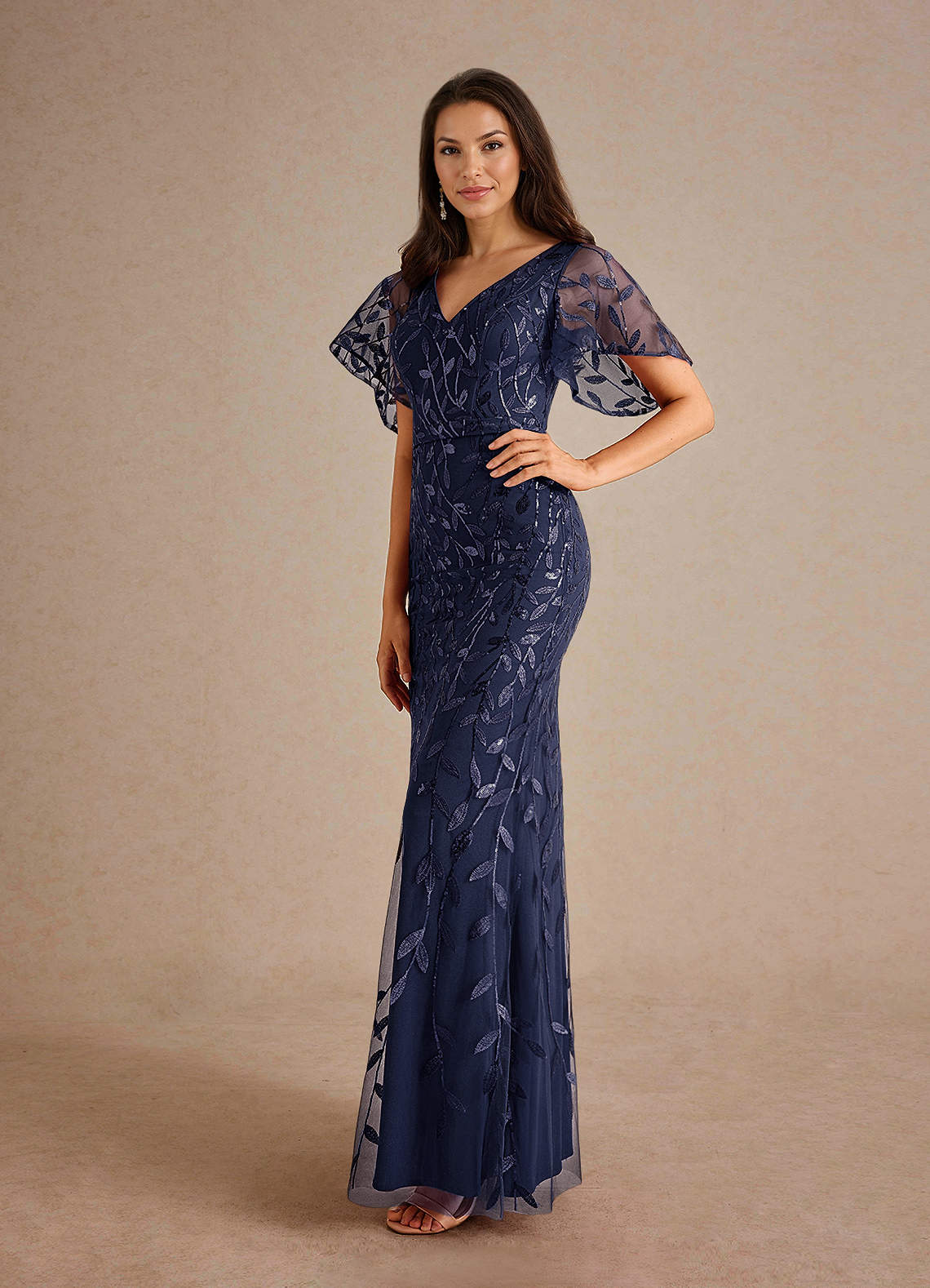Milan Sheath V-Neck Tulle and Sequins Mother of the Bride Dress in Dark Navy