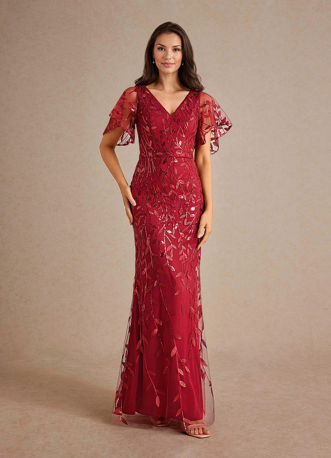 Milan Sheath V-Neck Tulle and Sequins Mother of the Bride Dress in Burgundy