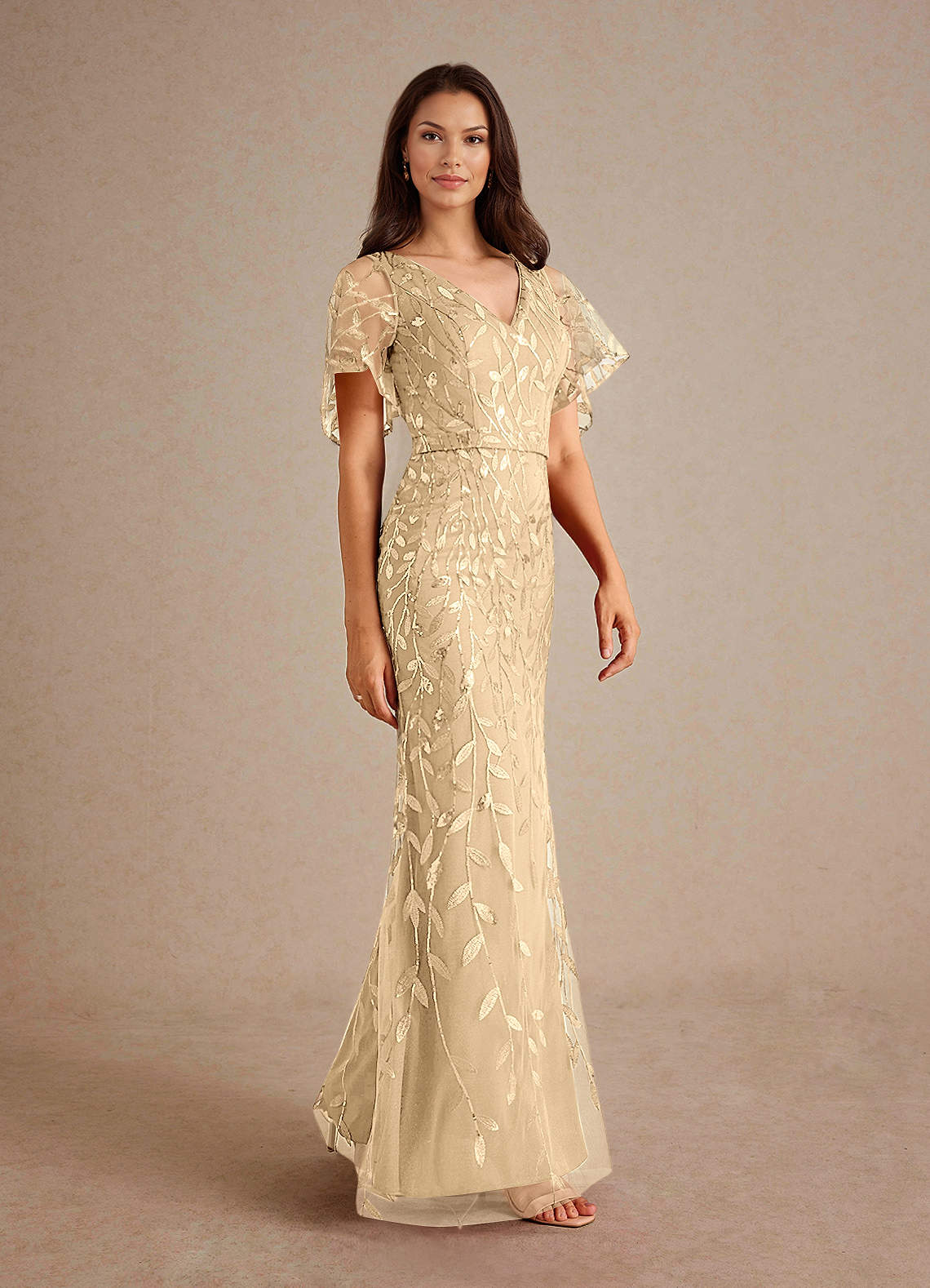Milan Sheath V-Neck Tulle and Sequins Mother of the Bride Dress in champagne