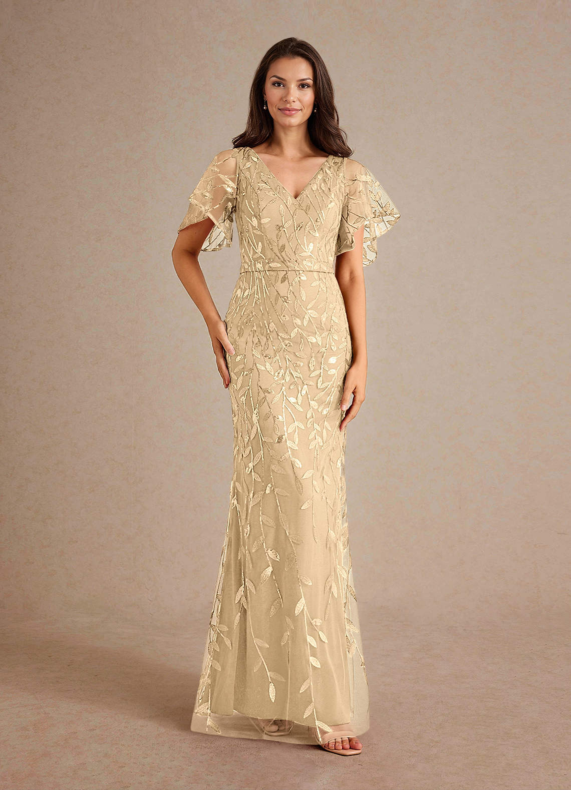 Milan Sheath V-Neck Tulle and Sequins Mother of the Bride Dress in champagne