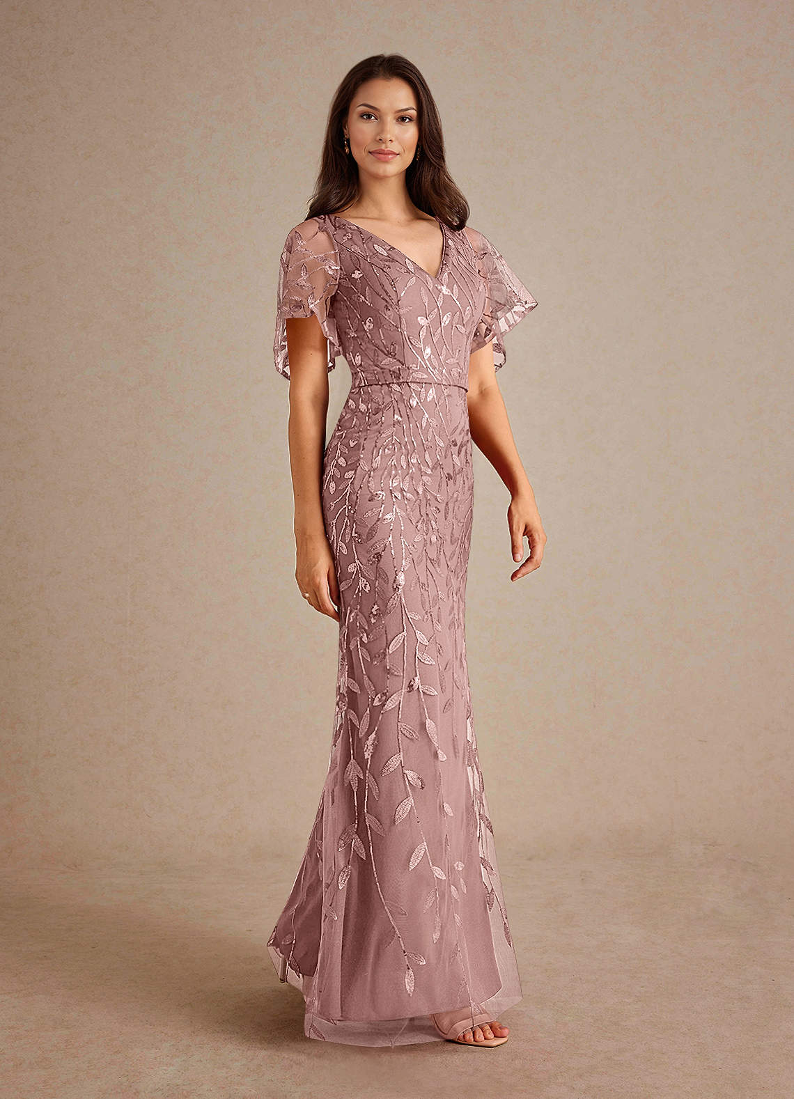 Milan Sheath V-Neck Tulle and Sequins Mother of the Bride Dress in Dusty Rose