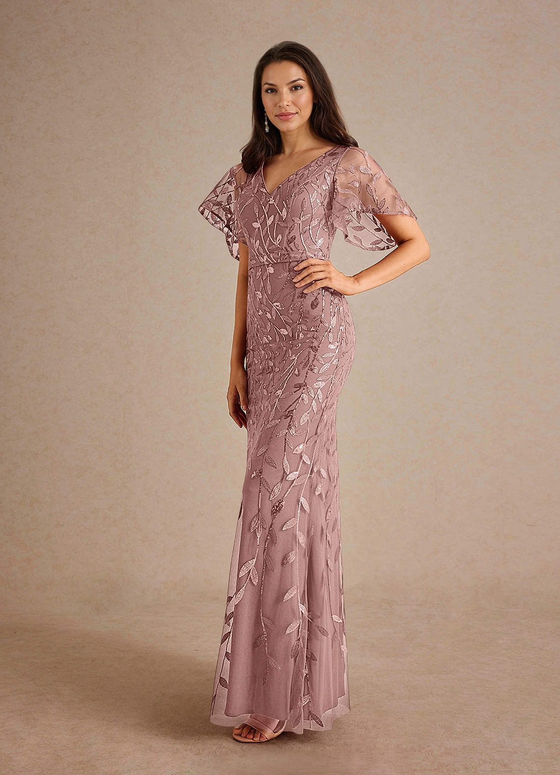 Milan Sheath V-Neck Tulle and Sequins Mother of the Bride Dress in Dusty Rose