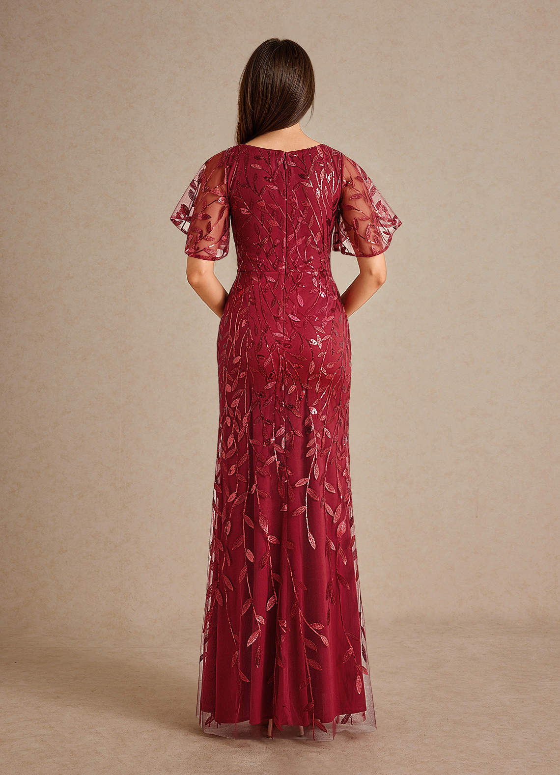Milan Sheath V-Neck Tulle and Sequins Mother of the Bride Dress in Cabernet