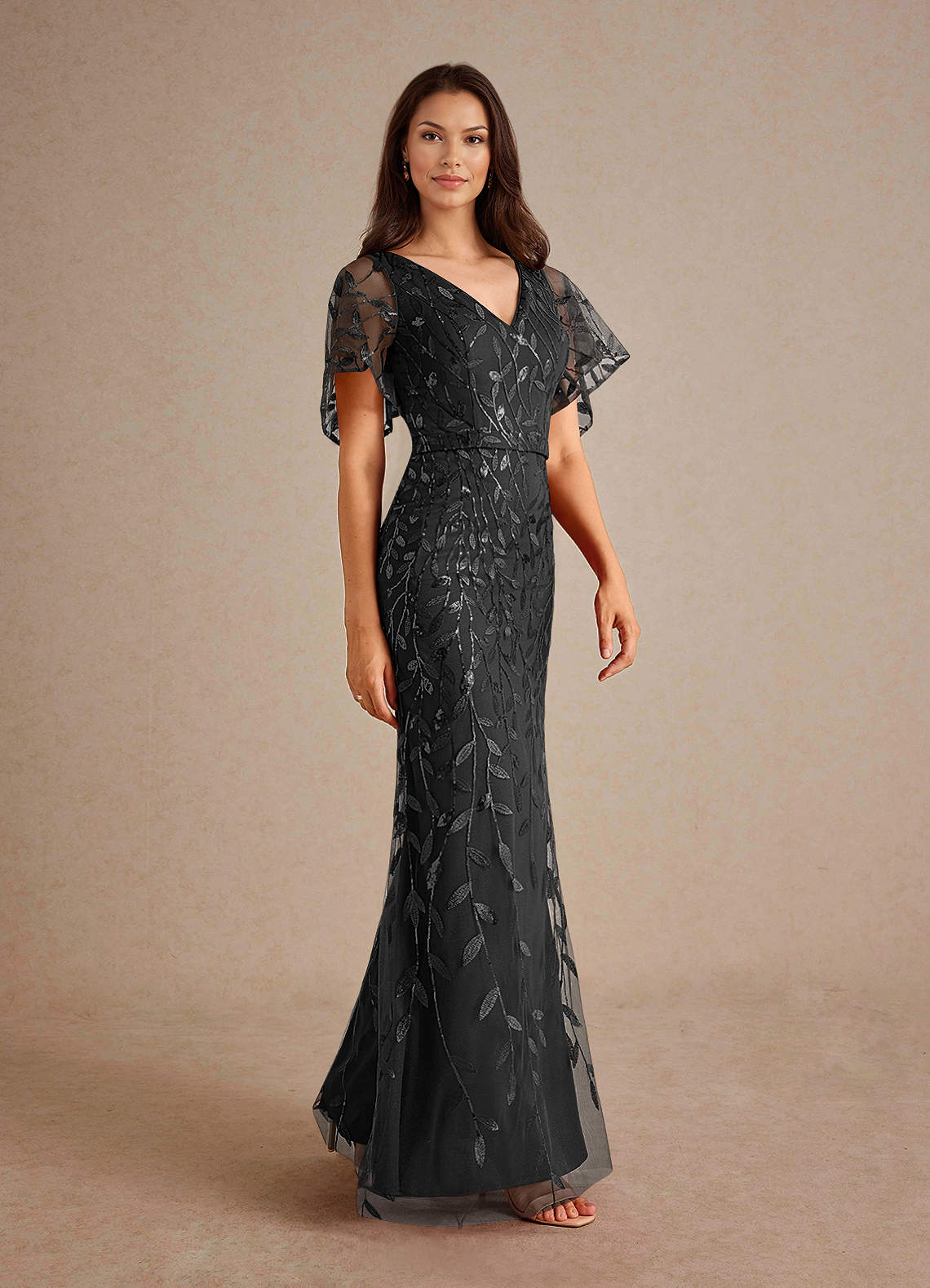 Milan Sheath V-Neck Tulle and Sequins Mother of the Bride Dress in black