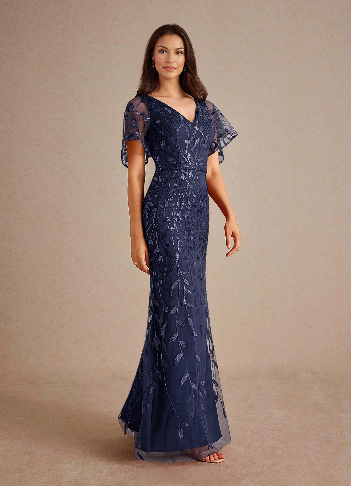 Milan Sheath V-Neck Tulle and Sequins Mother of the Bride Dress in Dark Navy