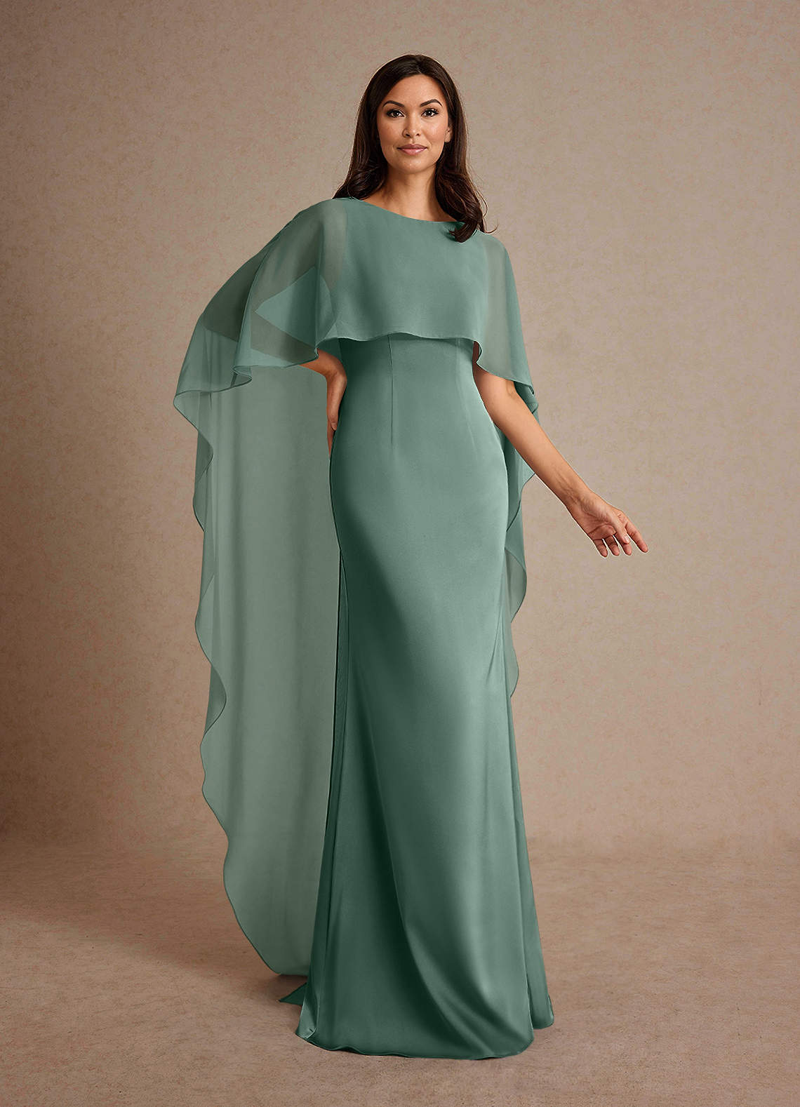 Milfred Sheath Boat-Neck Stretch Satin and Chiffon Mother of the Bride Dress in eucalyptus