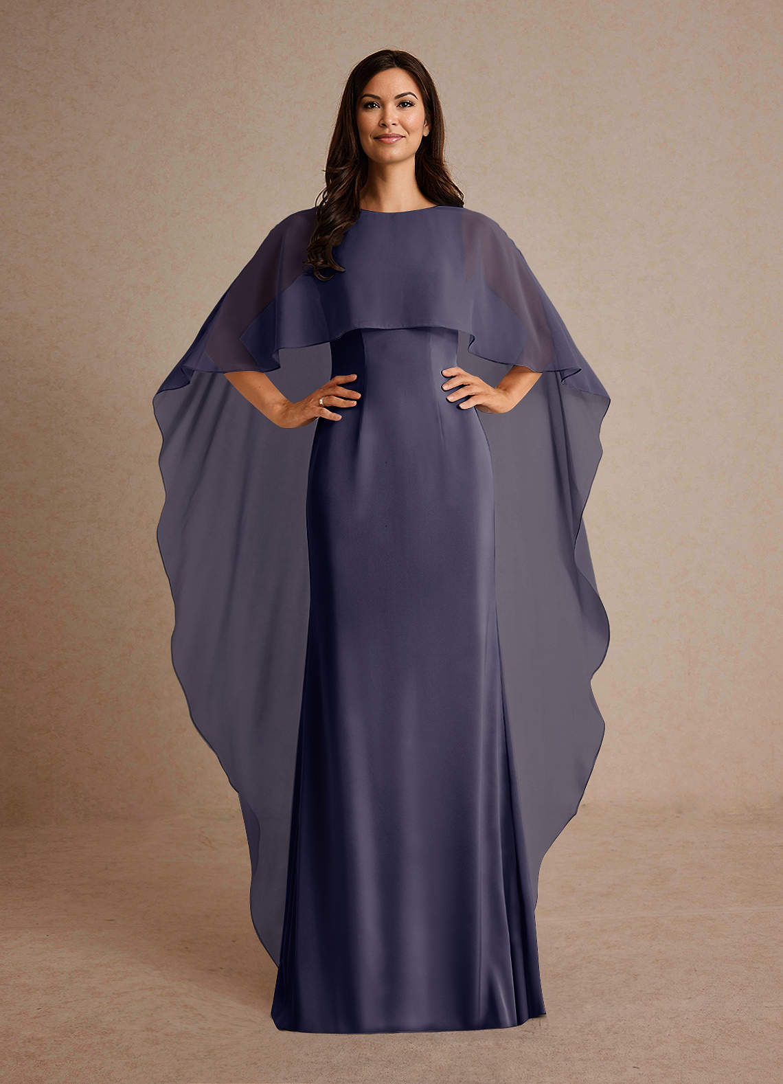 Milfred Sheath Boat-Neck Stretch Satin and Chiffon Mother of the Bride Dress in Stormy