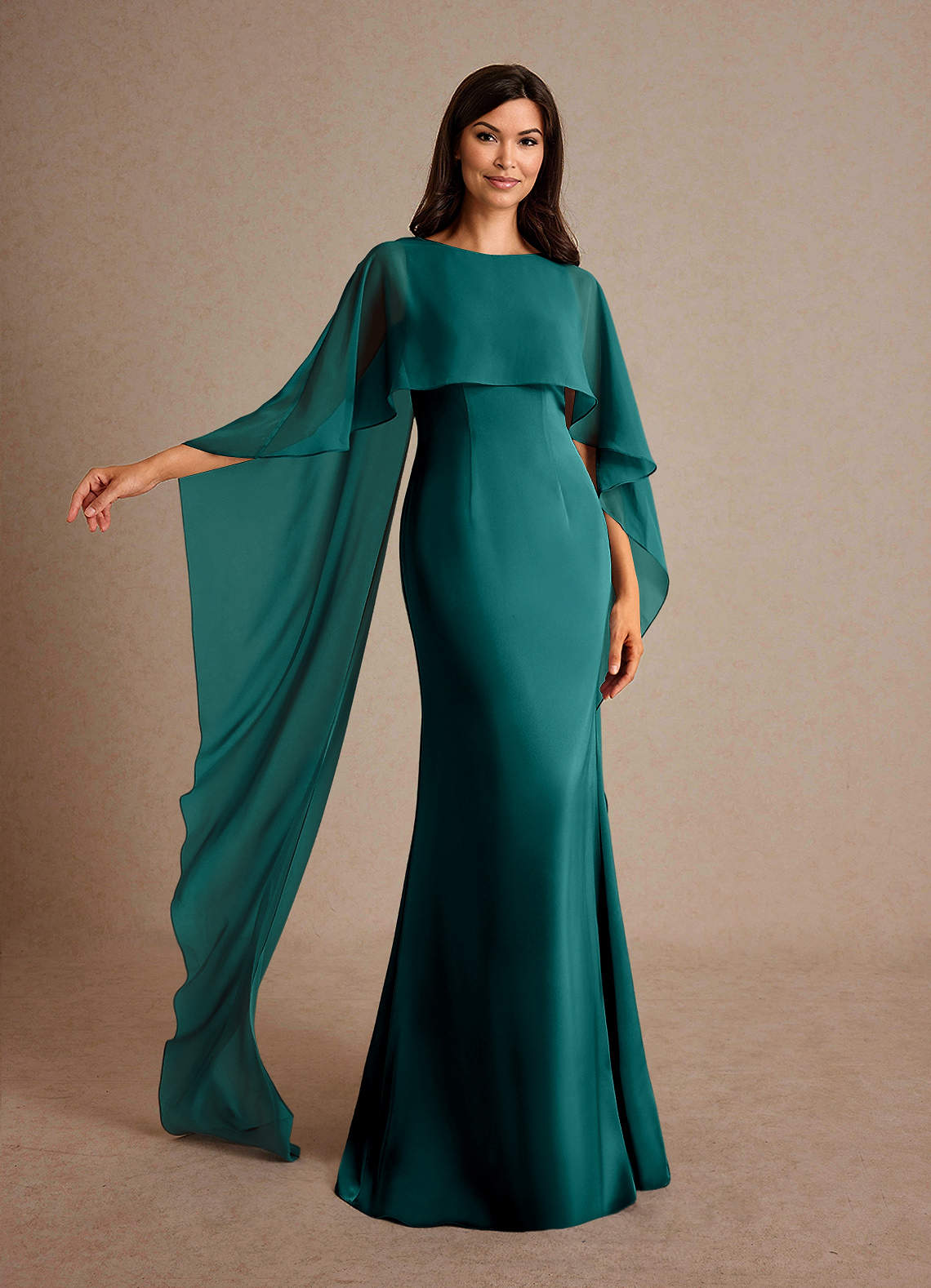 Milfred Sheath Boat-Neck Stretch Satin and Chiffon Mother of the Bride Dress in Peacock