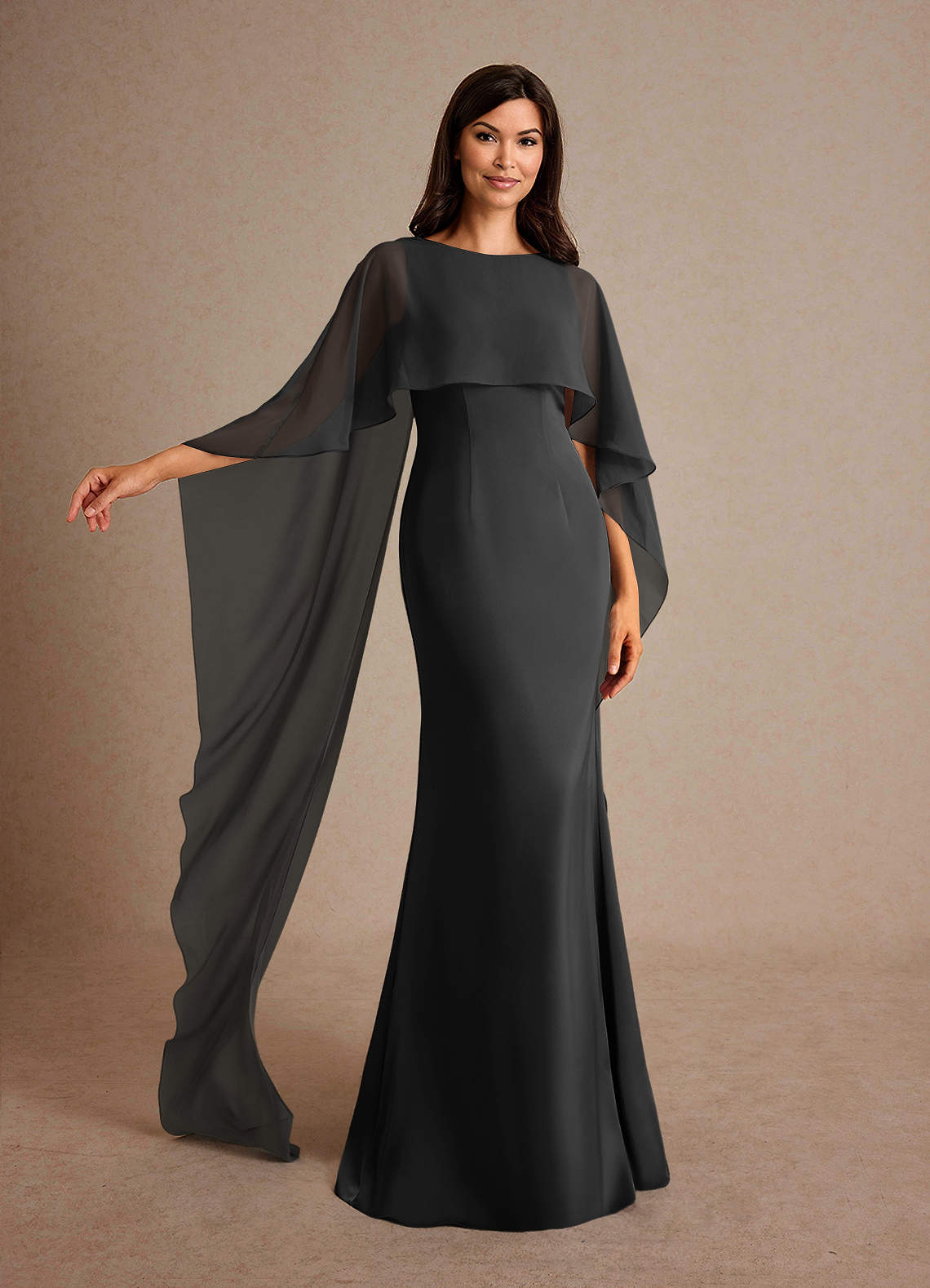 Milfred Sheath Boat-Neck Stretch Satin and Chiffon Mother of the Bride Dress in black