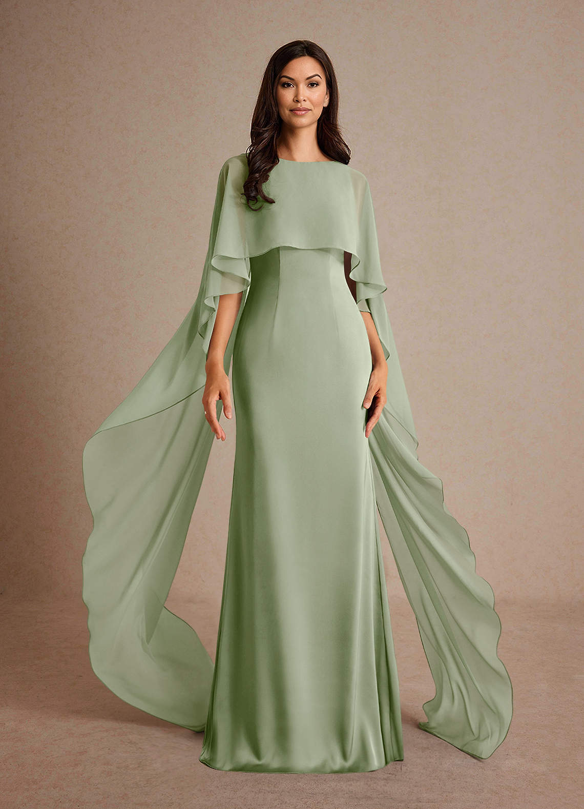 Milfred Sheath Boat-Neck Stretch Satin and Chiffon Mother of the Bride Dress in Dusty Sage