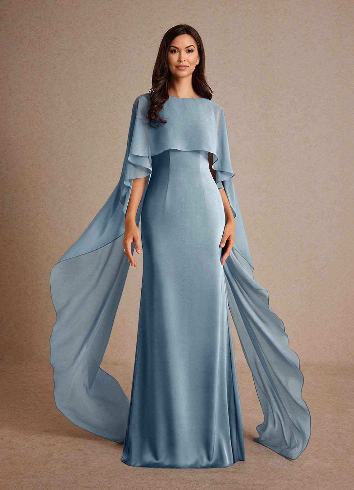 Milfred Sheath Boat-Neck Stretch Satin and Chiffon Mother of the Bride Dress in dusty blue