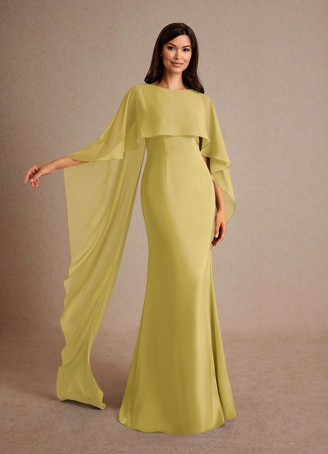 Milfred Sheath Boat-Neck Stretch Satin and Chiffon Mother of the Bride Dress in Canary