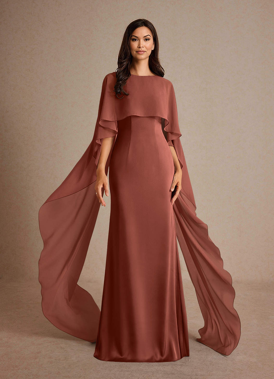 Milfred Sheath Boat-Neck Stretch Satin and Chiffon Mother of the Bride Dress in Auburn