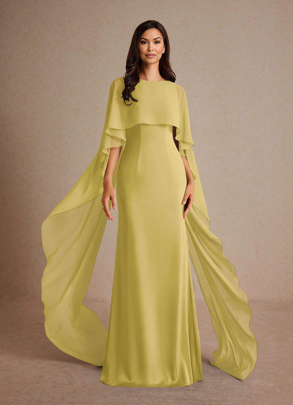Milfred Sheath Boat-Neck Stretch Satin and Chiffon Mother of the Bride Dress in Canary