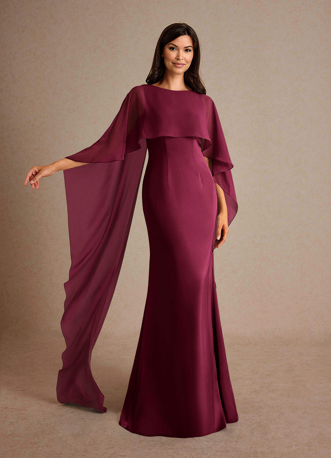 Milfred Sheath Boat-Neck Stretch Satin and Chiffon Mother of the Bride Dress in Burgundy